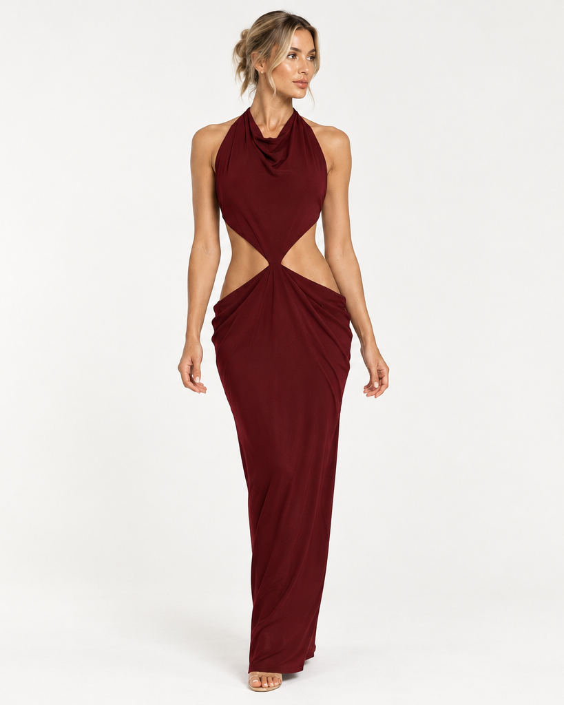 Vestido largo SELINI en vino tinto, vista frontal en modelo con cuello halter y aberturas laterales.