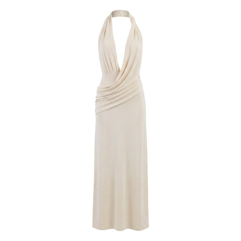 Vestido largo NÁYA MAXI marfil sin modelo, vista delantera con escote en V y drapeado sobre la cadera.