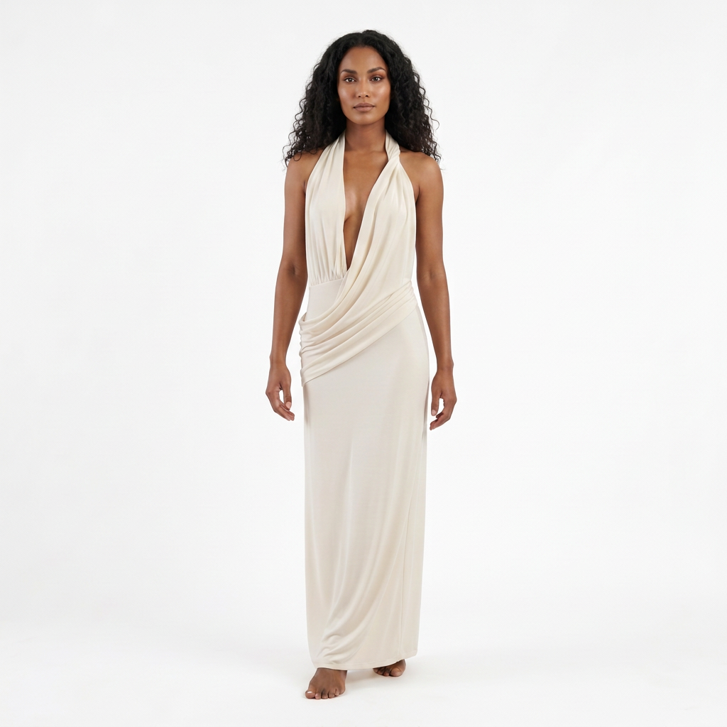 Vestido largo NÁYA MAXI marfil en modelo, vista frontal con escote profundo en V y falda de caída recta.