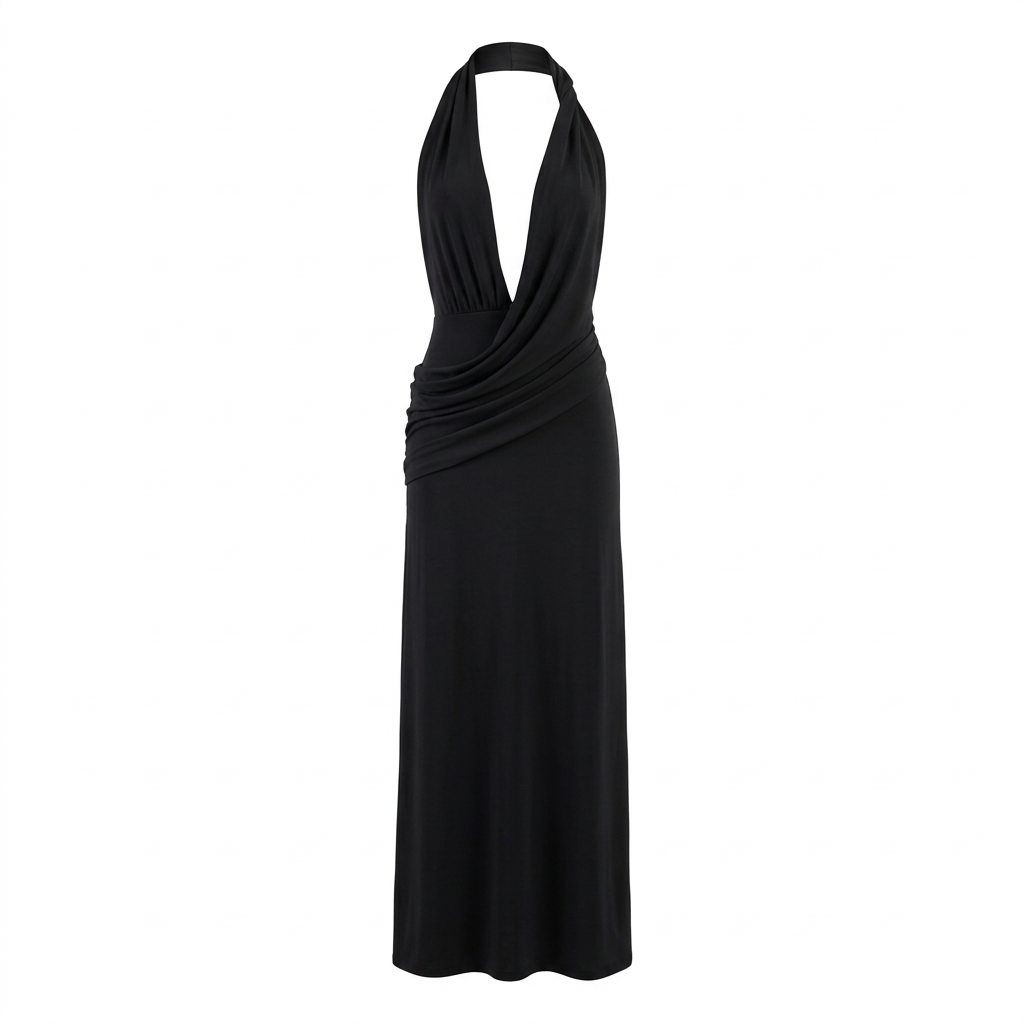 Vestido largo NÁYA MAXI negro sin modelo, vista delantera con escote profundo en V y drapeado diagonal.