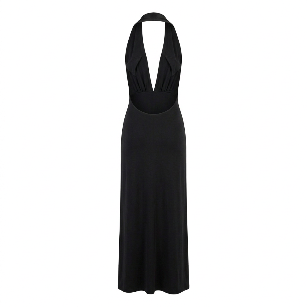 Vestido largo NÁYA MAXI negro sin modelo, vista trasera con espalda abierta, cuello continuo y borde bajo liso.