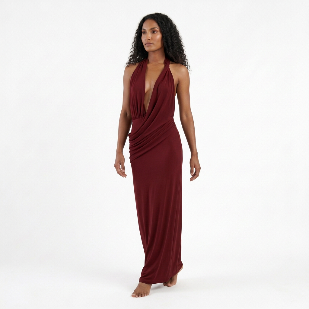 Vestido largo NÁYA MAXI vinotinto en modelo, vista frontal con escote en V y drapeado diagonal.