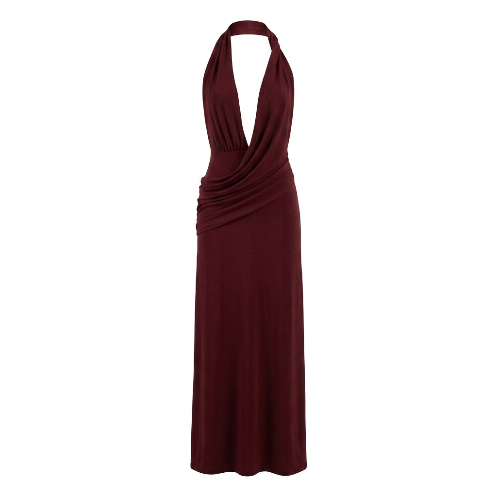 Vestido largo NÁYA MAXI vinotinto sin modelo, vista delantera con escote en V y drapeado diagonal.