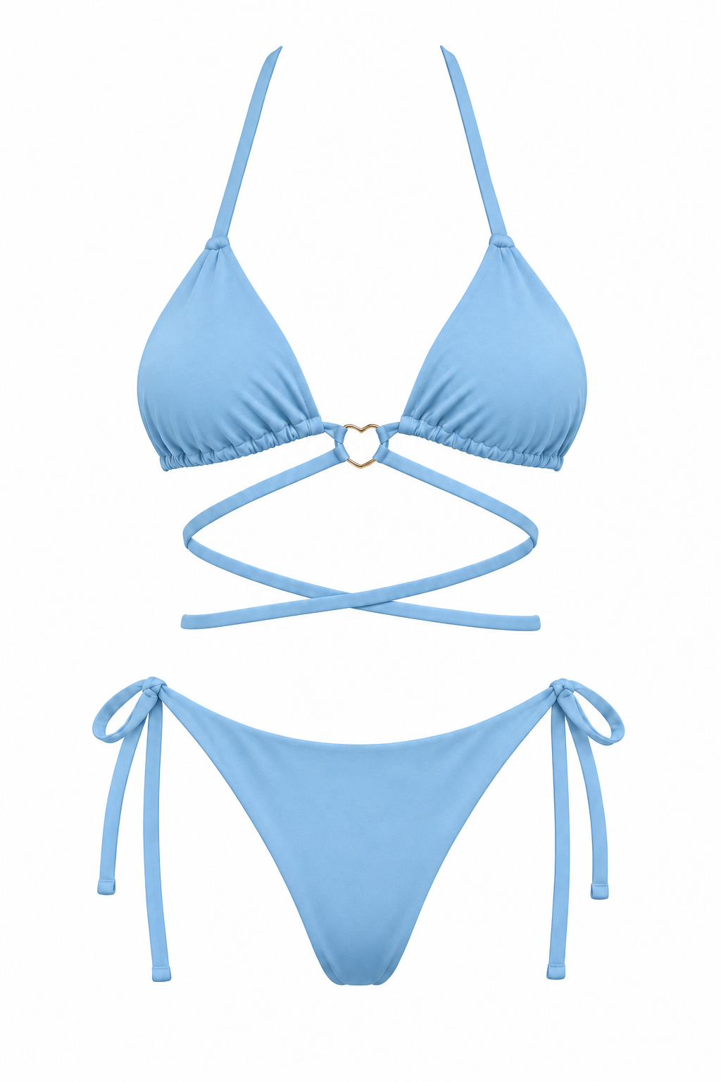 Bikini ORCHILA azul baby de dos piezas, con top triangular, aro central, tiras cruzadas y panty con lazos laterales, vista frontal.