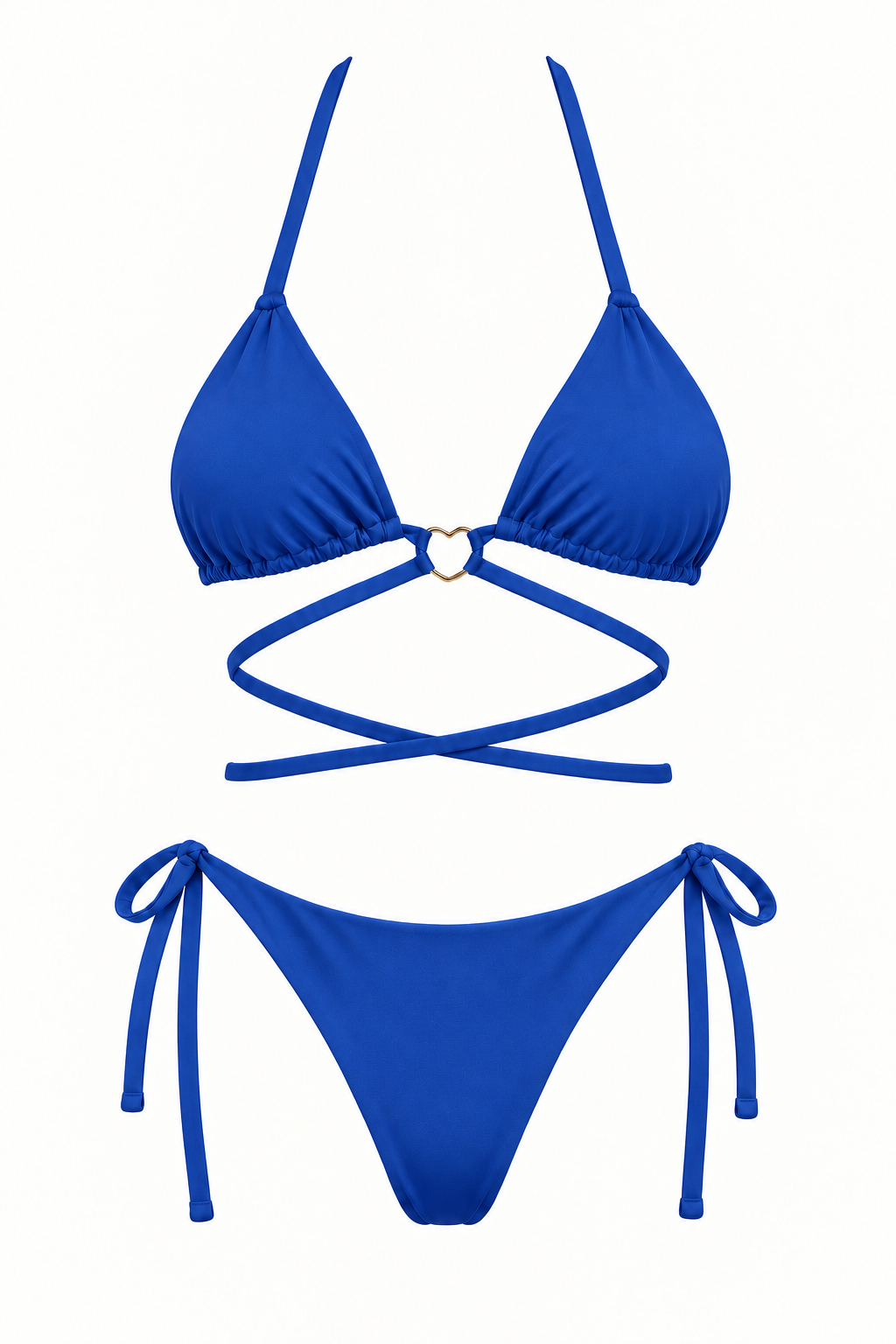 Bikini ORCHILA azul rey de dos piezas, con top triangular, aro central, tiras cruzadas y panty con lazos laterales, vista frontal.