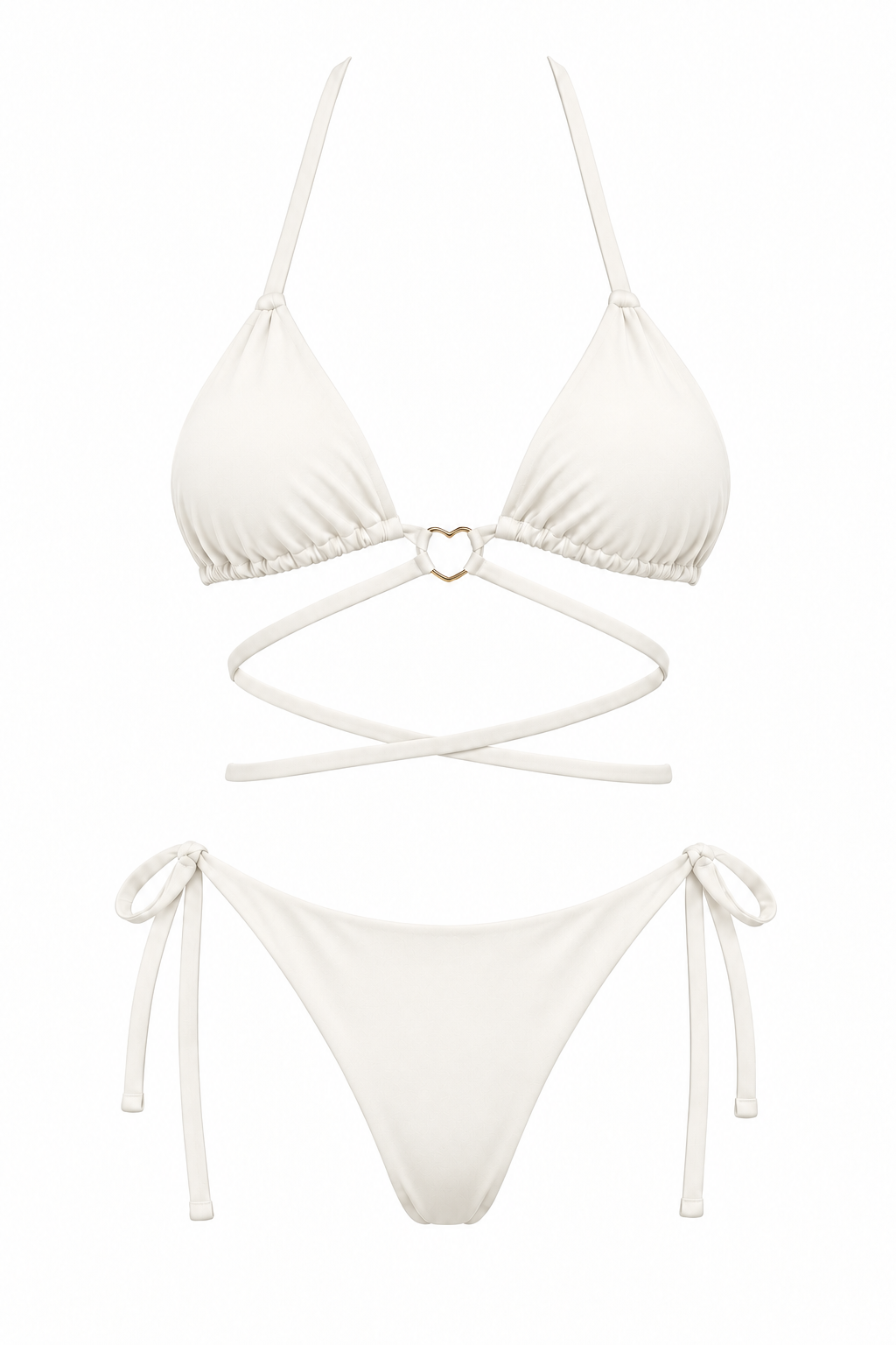 Bikini ORCHILA blanco de dos piezas, con top triangular, aro central, tiras cruzadas y panty con lazos laterales, vista frontal.