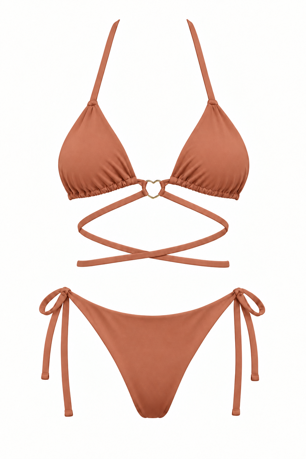 Bikini ORCHILA bronce de dos piezas, con top triangular, aro central, tiras cruzadas y panty con lazos laterales, vista frontal.