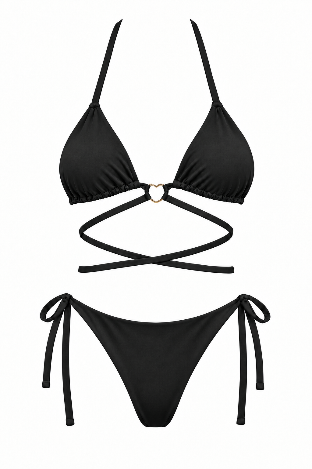 Bikini ORCHILA negro de dos piezas, con top triangular, aro central, tiras cruzadas y panty con lazos laterales, vista frontal.