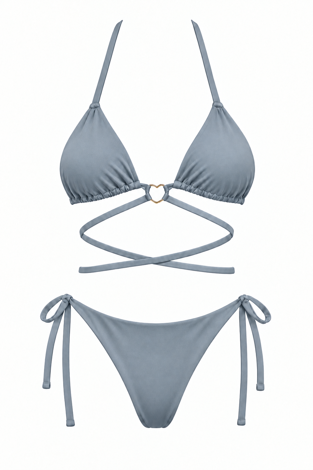 Bikini ORCHILA plateado de dos piezas, con top triangular, aro central, tiras cruzadas y panty con lazos laterales, vista frontal.