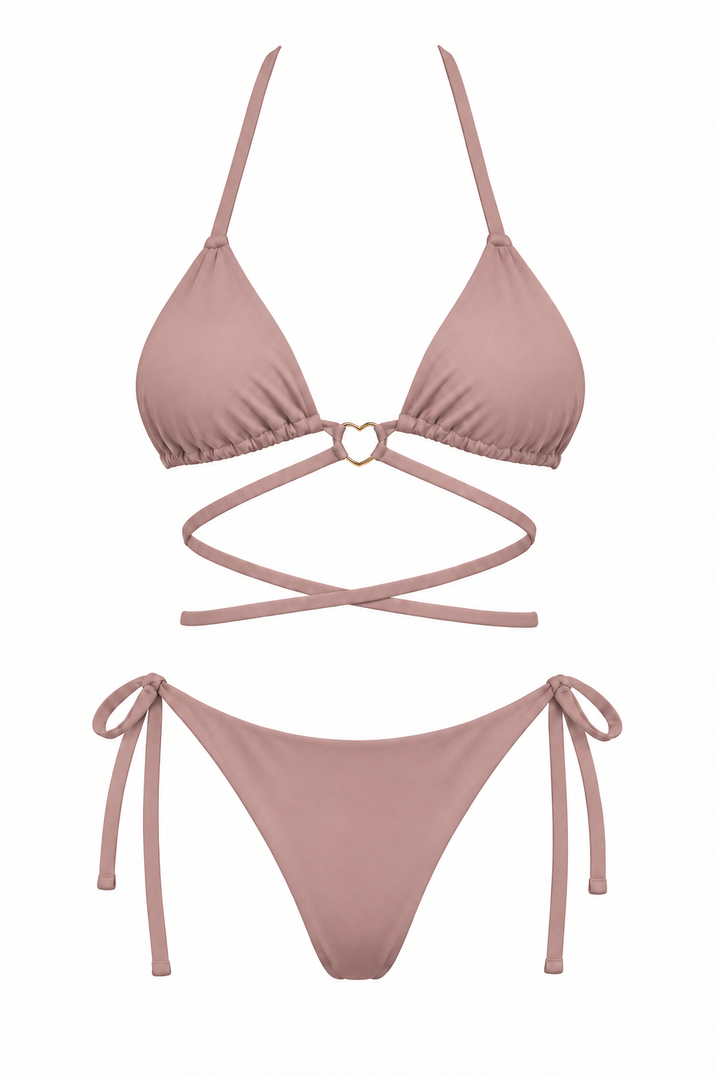 Bikini ORCHILA nude de dos piezas, con top triangular, aro central, tiras cruzadas y panty con lazos laterales, vista frontal.