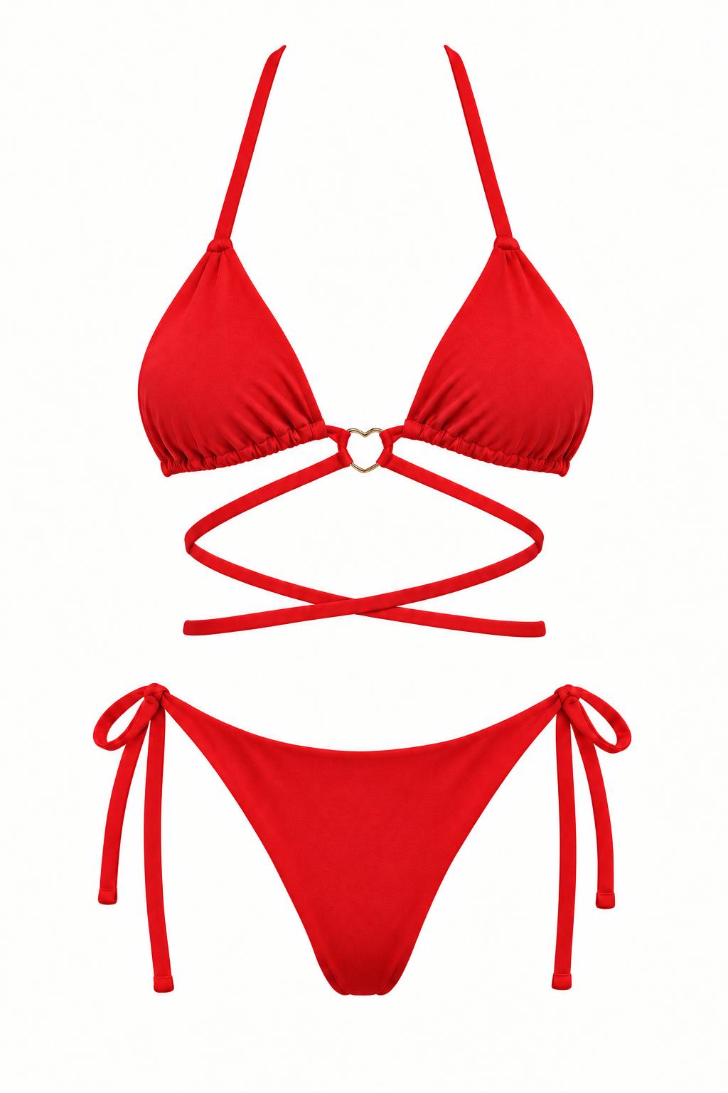Bikini ORCHILA rojo de dos piezas, con top triangular, aro central, tiras cruzadas y panty con lazos laterales, vista frontal.