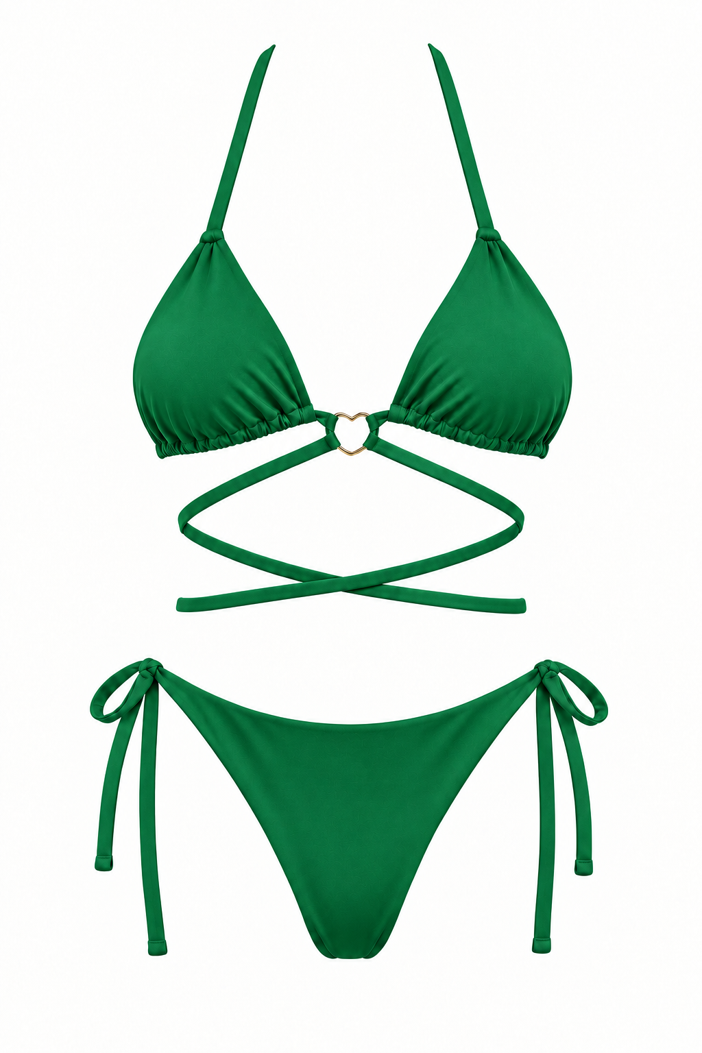 Bikini ORCHILA verde de dos piezas, con top triangular, aro central, tiras cruzadas y panty con lazos laterales, vista frontal.