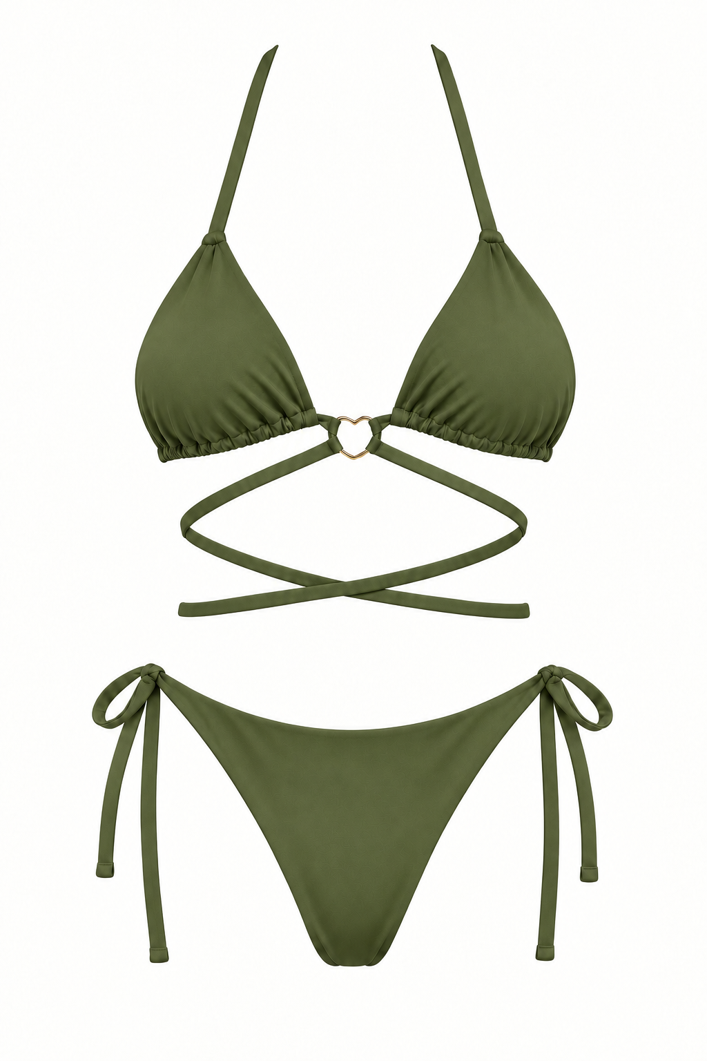 Bikini ORCHILA verde militar de dos piezas, con top triangular, aro central, tiras cruzadas y panty con lazos laterales, vista frontal.