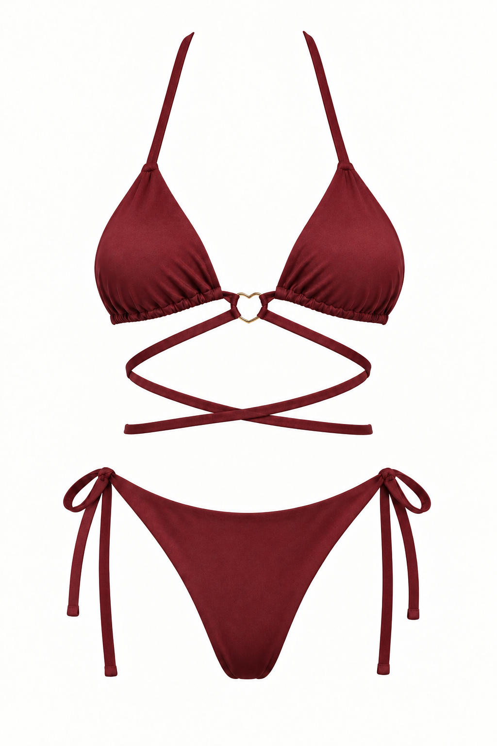 Bikini ORCHILA vino de dos piezas, con top triangular, aro central, tiras cruzadas y panty con lazos laterales, vista frontal.