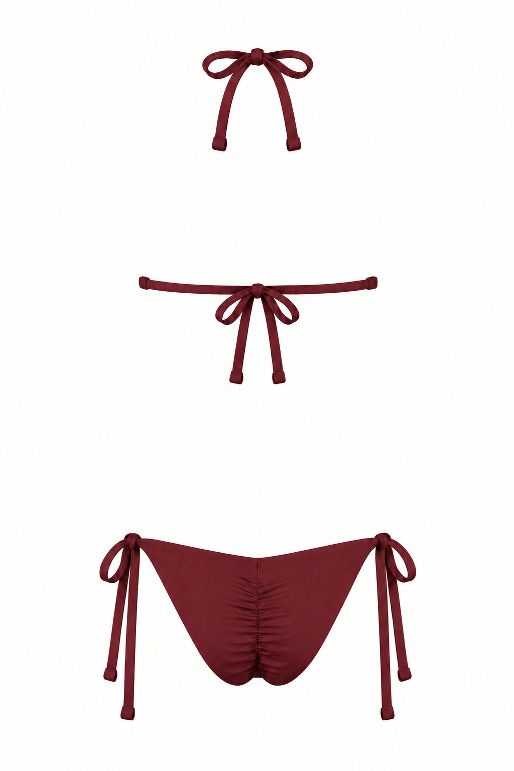 Bikini ORCHILA vino de dos piezas, con amarres en cuello y espalda y panty con fruncido posterior y lazos laterales, vista trasera.