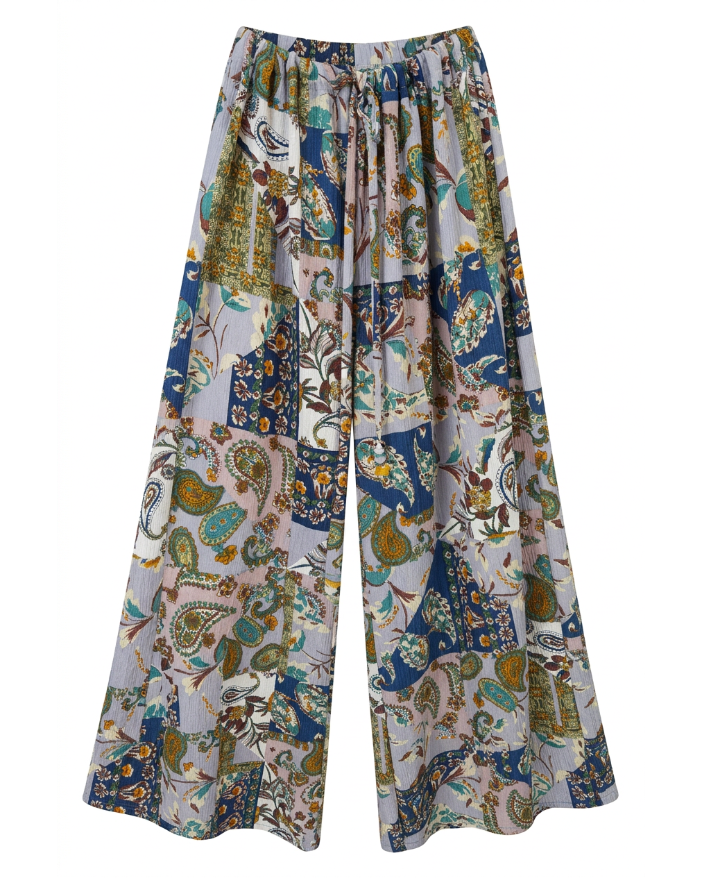 Pantalón PALAZZO 22’ de MIZZBOGI con estampado floral y paisley azul multicolor, piernas amplias y cordón delantero, vista frontal.