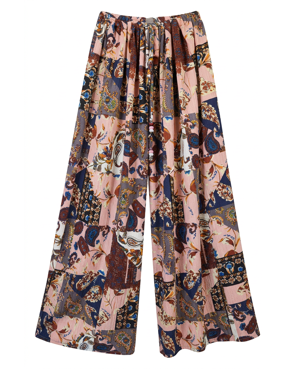 Pantalón PALAZZO 22’ de MIZZBOGI con estampado floral y paisley rosado multicolor, piernas amplias y cordón delantero, vista frontal.