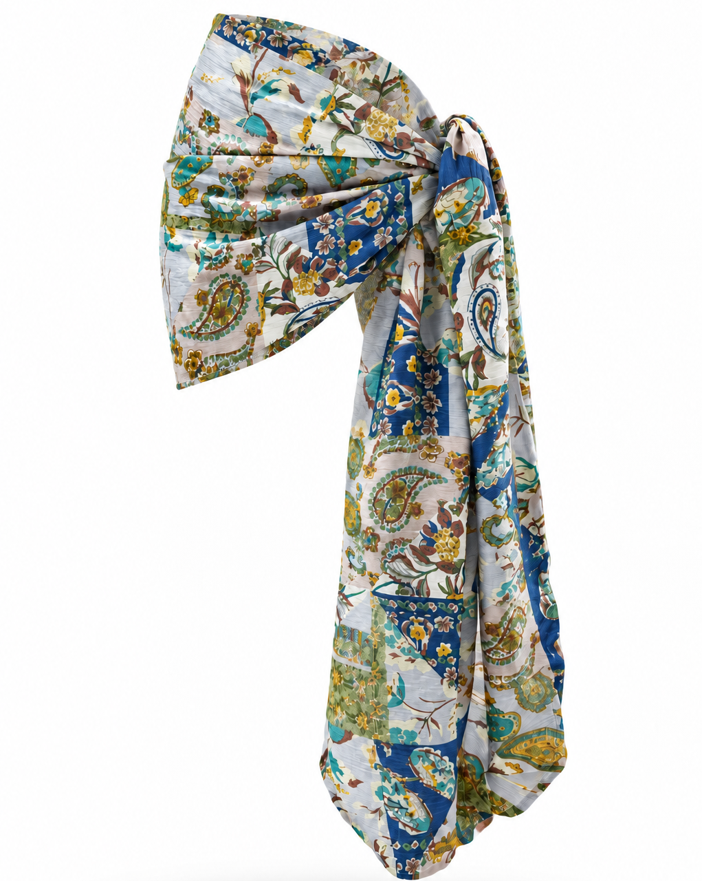 PAREO 22’ estampado de MIZZBOGI, tela con textura de lino, cruce diagonal y nudo lateral con extremos largos, sin modelo.