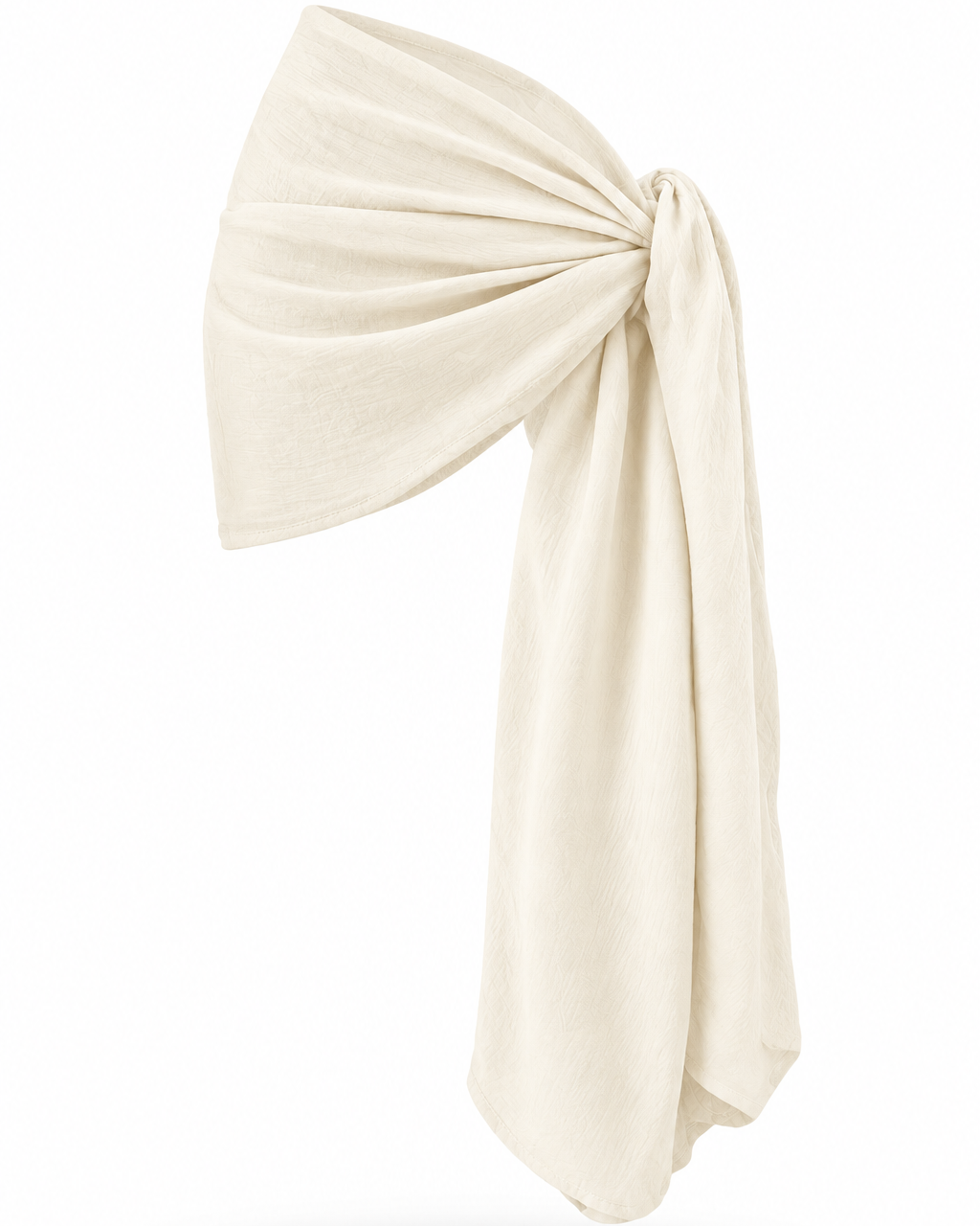 PAREO 22’ crema de MIZZBOGI, tela con textura de lino, cruce diagonal y nudo lateral con extremos largos, sin modelo.