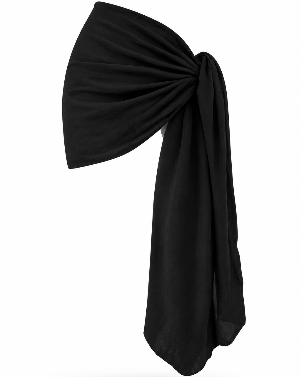 PAREO 22’ negro de MIZZBOGI, tela con textura de lino, cruce diagonal y nudo lateral con extremos largos, sin modelo.