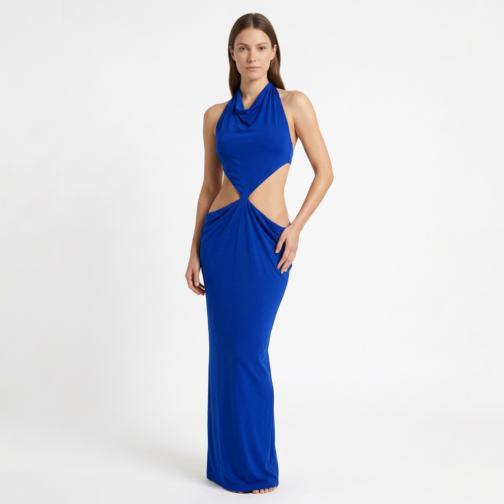 Vestido largo SELINI azul rey en modelo, vista frontal con escote drapeado y aberturas laterales en la cintura.