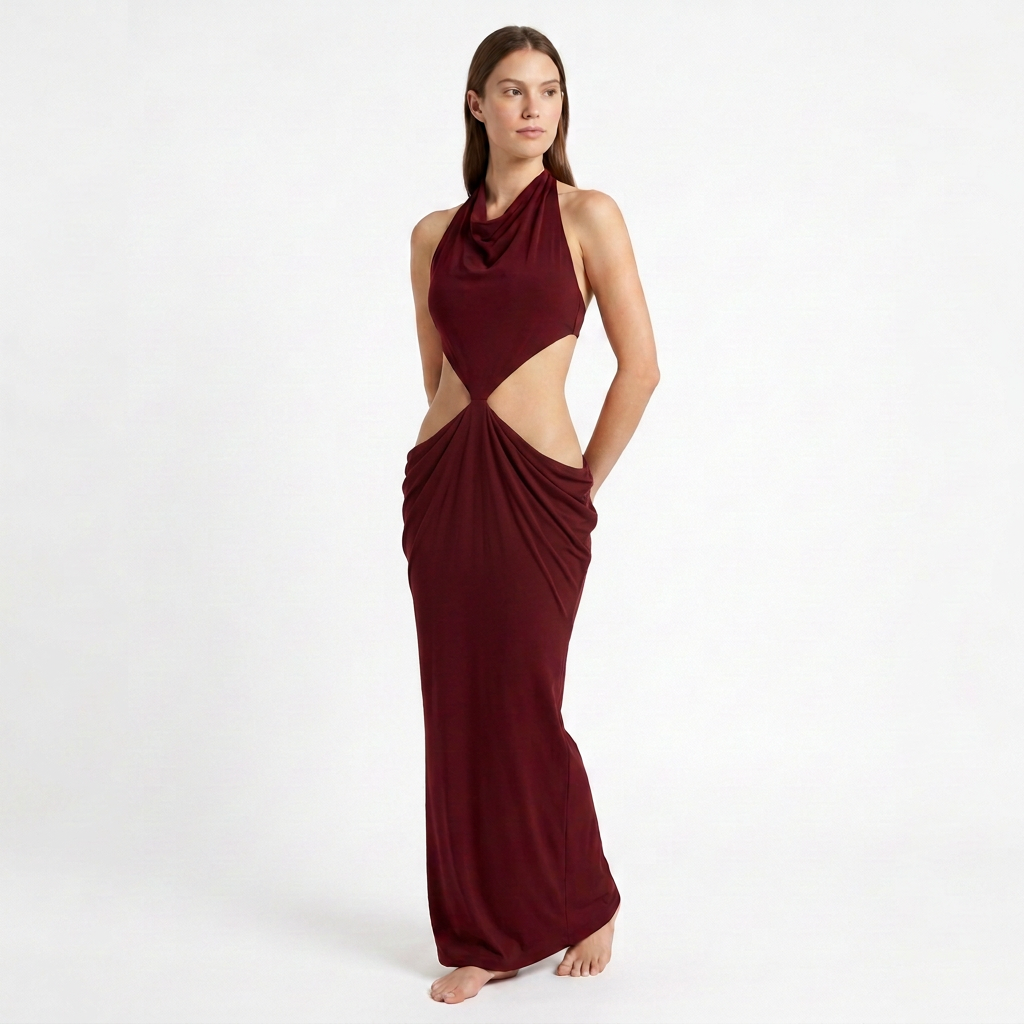 Vestido largo SELINI vinotinto en modelo, vista frontal en tres cuartos con escote drapeado, aberturas laterales y pliegues sobre la cadera.