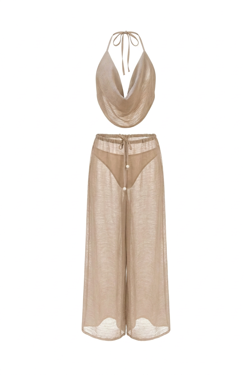 SET VITA beige con tiras finas al cuello y lacito