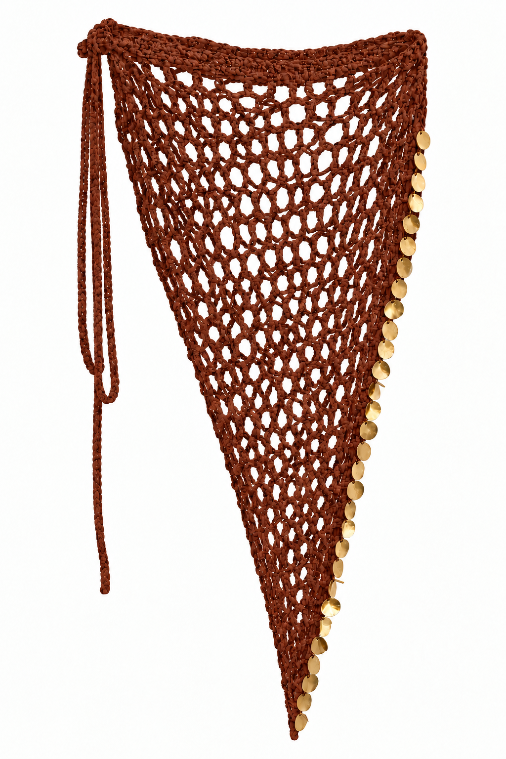 Pareo triangular MAXI FESTIVAL terracota de crochet con lentejuelas doradas.