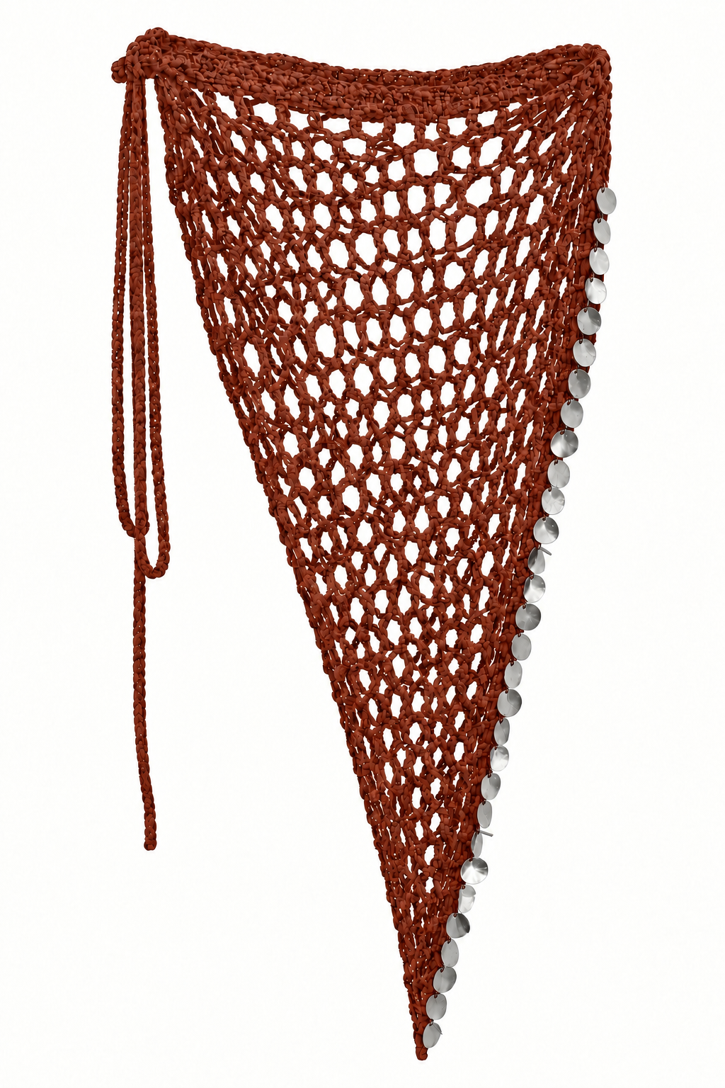 Pareo triangular MAXI FESTIVAL terracota de crochet con lentejuelas plateadas.