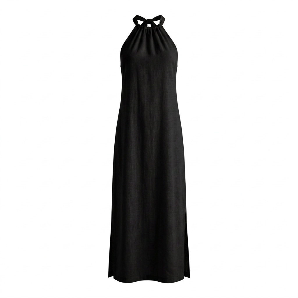 Vestido largo TULUM negro sin modelo, vista frontal con cuello halter fruncido.