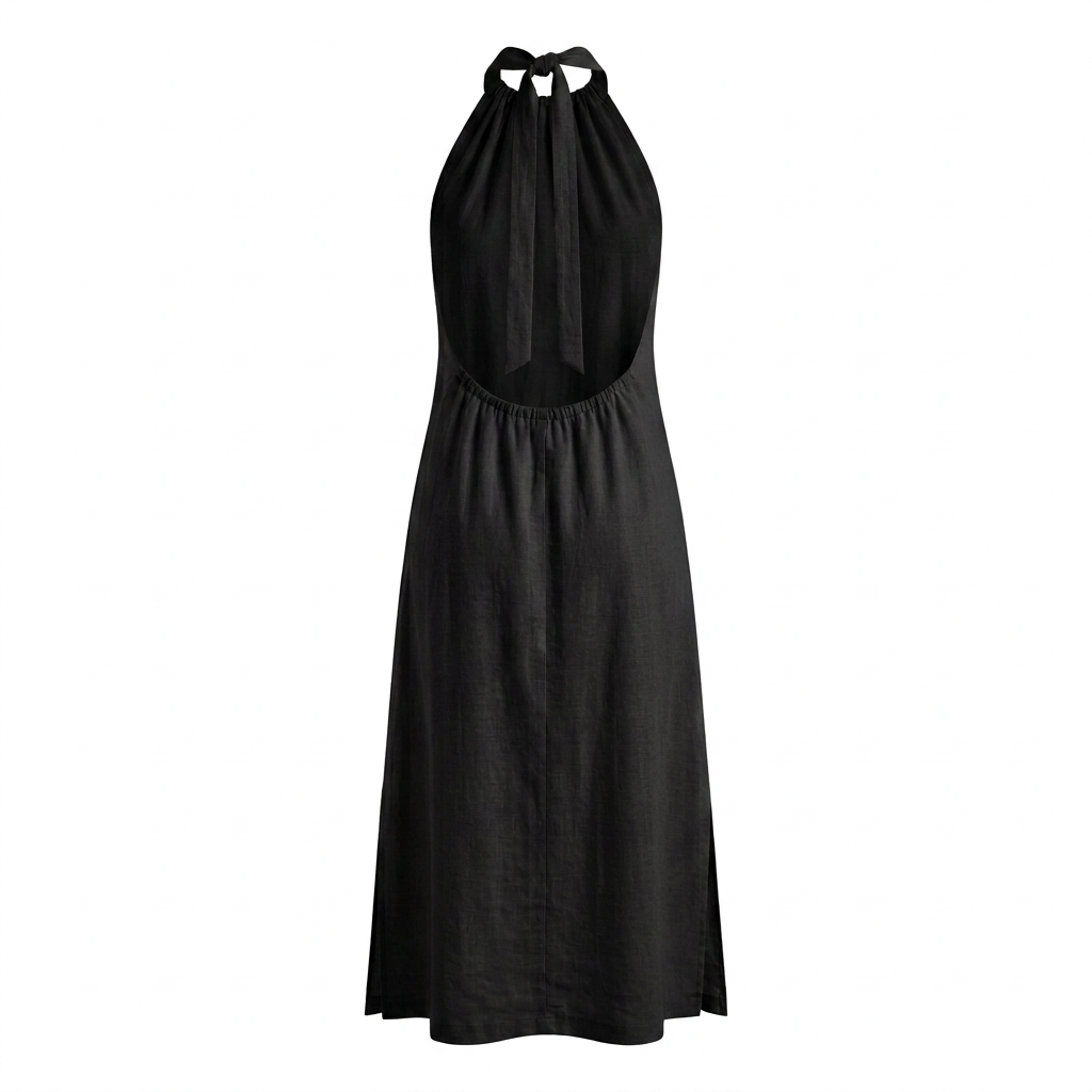 Vestido largo TULUM negro sin modelo, vista posterior con espalda descubierta, tiras al cuello y ajuste elástico.