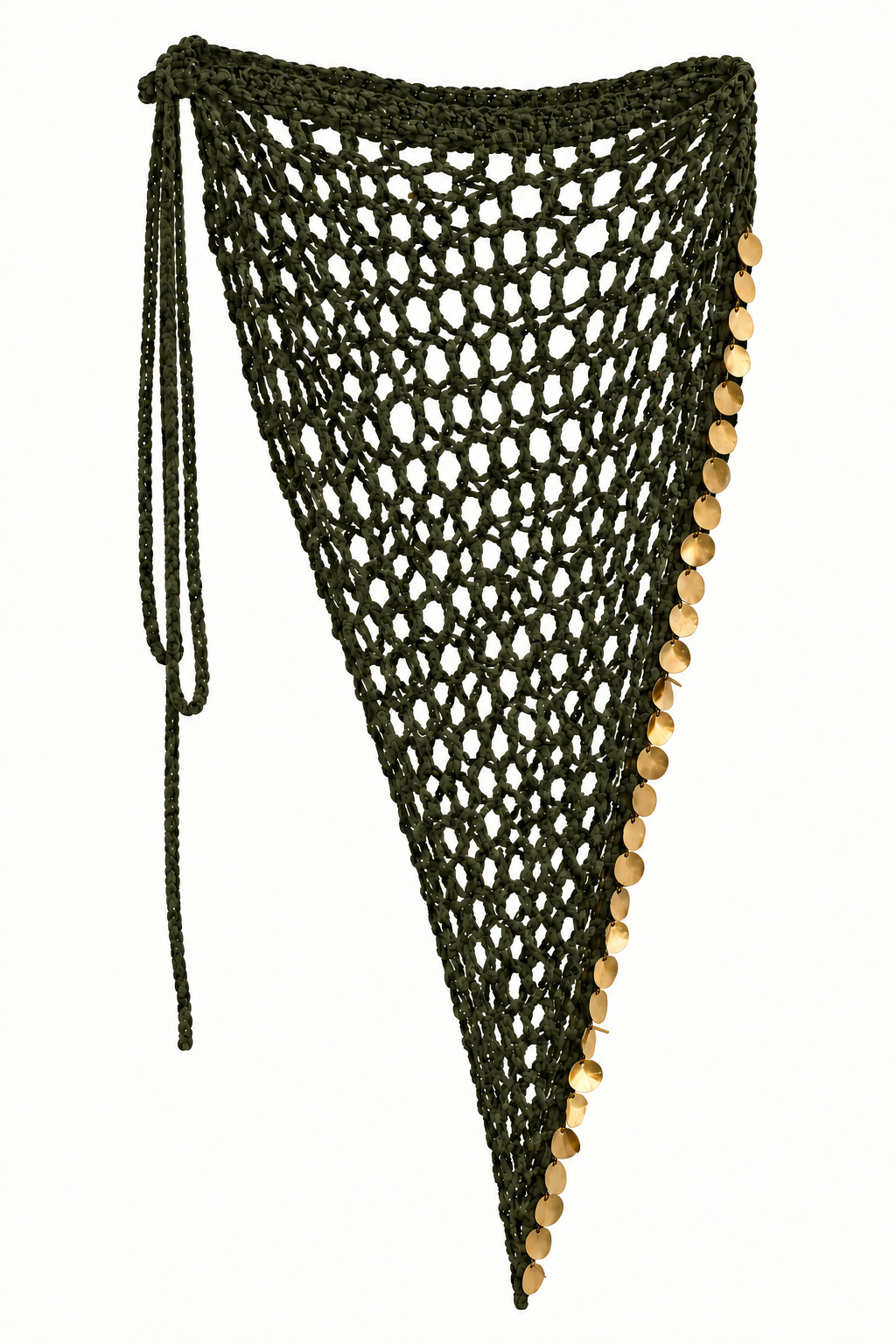 Pareo triangular MAXI FESTIVAL verde militar de crochet con lentejuelas doradas.