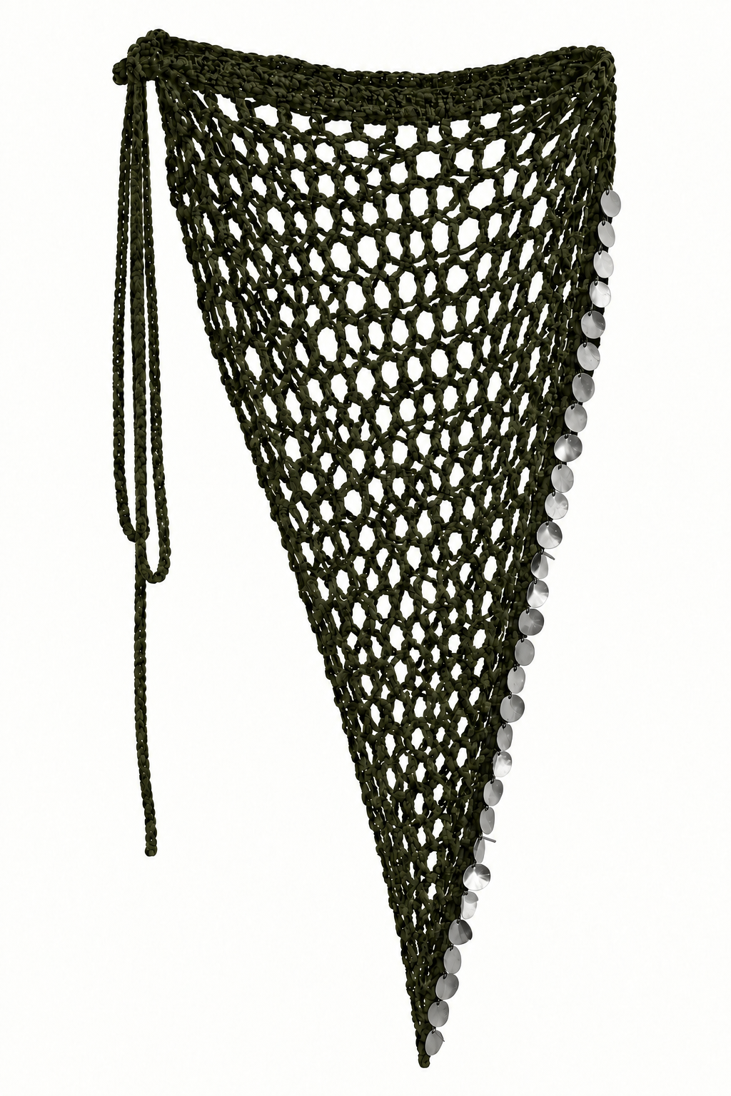 Pareo triangular MAXI FESTIVAL verde militar de crochet con lentejuelas plateadas.