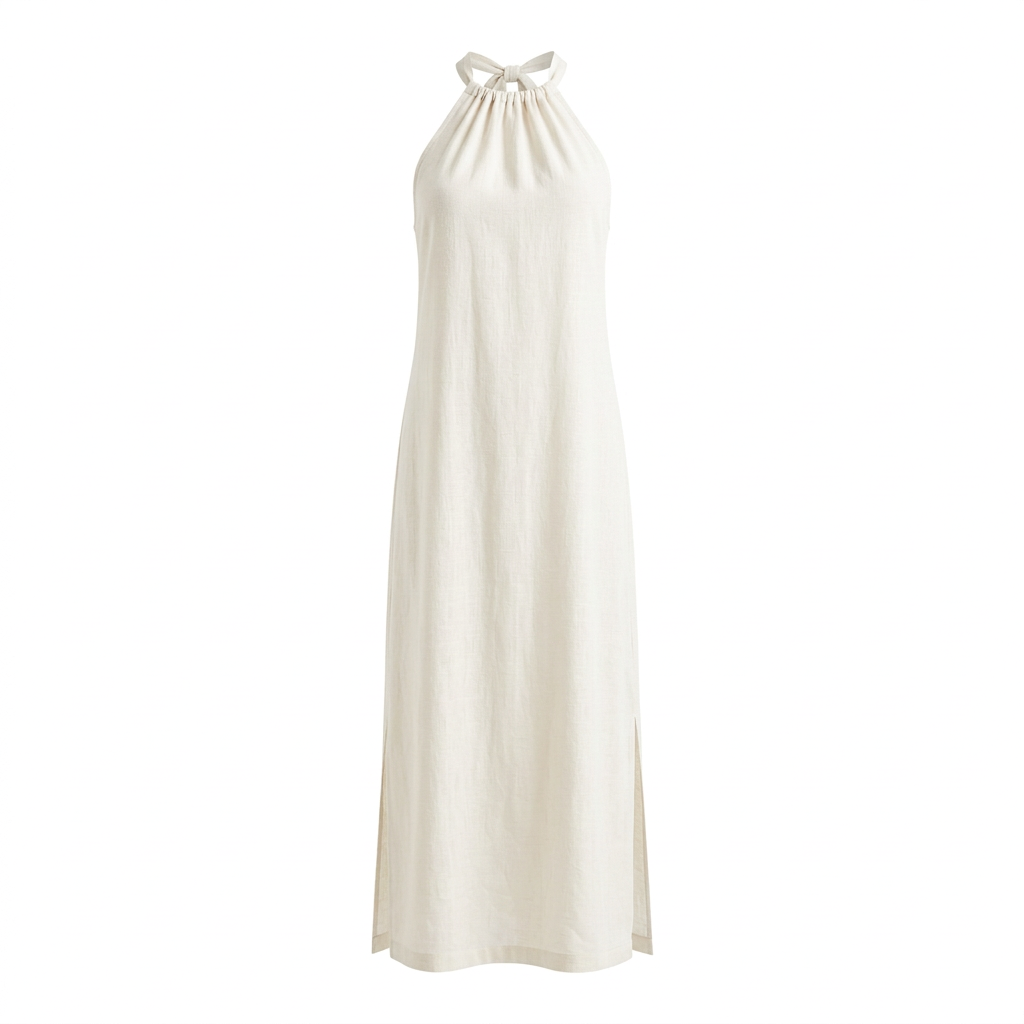 Vestido largo TULUM marfil sin modelo, vista frontal con cuello halter fruncido.