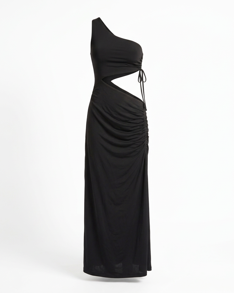 Vestido largo AVRA negro sin modelo, vista frontal con escote de un hombro, abertura lateral y fruncido en la cadera.