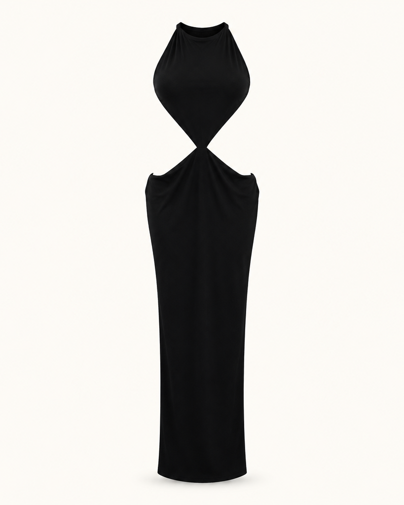 Vestido largo SELINI negro, vista frontal sin modelo con cuello halter y aberturas laterales.