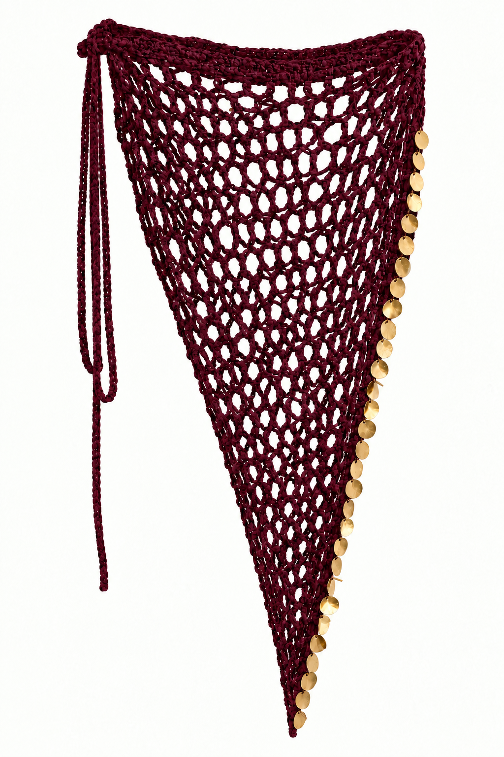 Pareo triangular MAXI FESTIVAL vinotinto de crochet con lentejuelas doradas.
