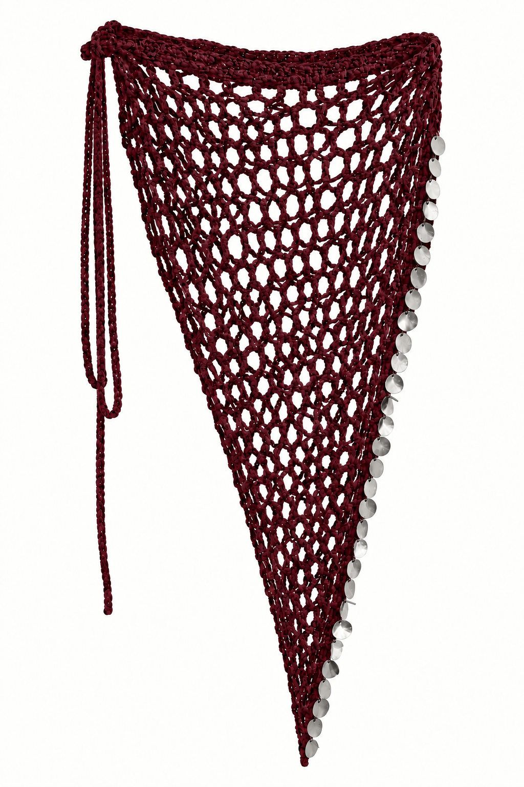 Pareo triangular MAXI FESTIVAL vinotinto de crochet con lentejuelas plateadas.