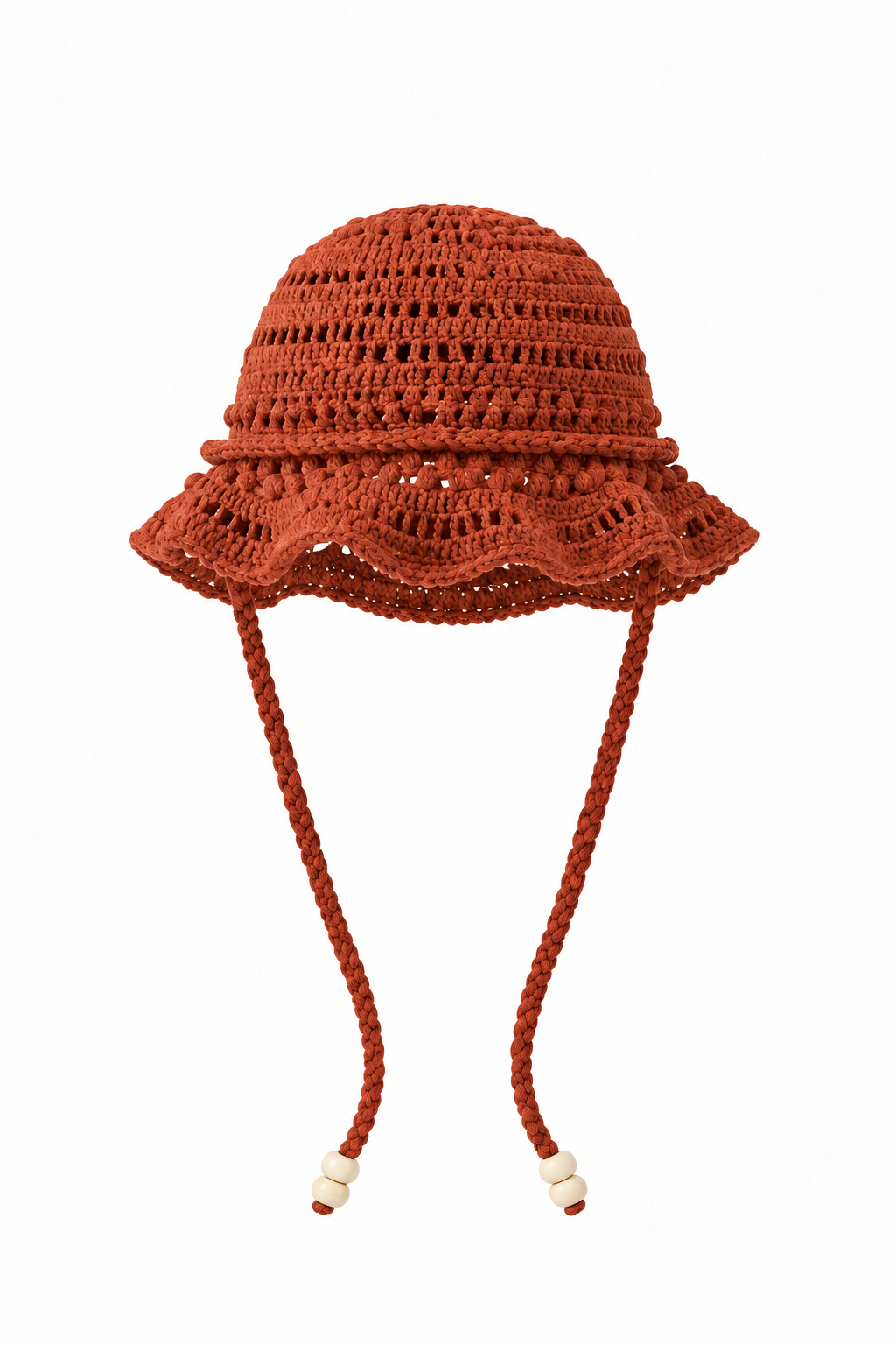 Sombrero YAQUE terracota tejido a mano en crochet, vista frontal sin modelo, con ala ondulada y tiras largas con cuentas