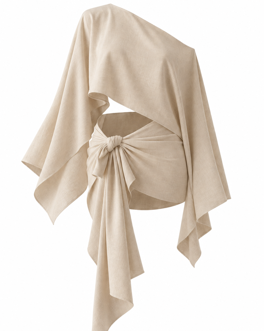 Conjunto ZAMNA beige de MIZZBOGI, con top asimétrico y pareo corto cruzado con extremos largos, sin modelo.